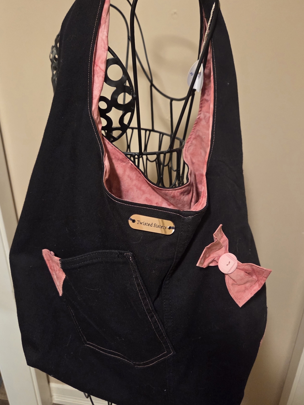 Twisted Sisters Black Tote with Pink Lining & Bow